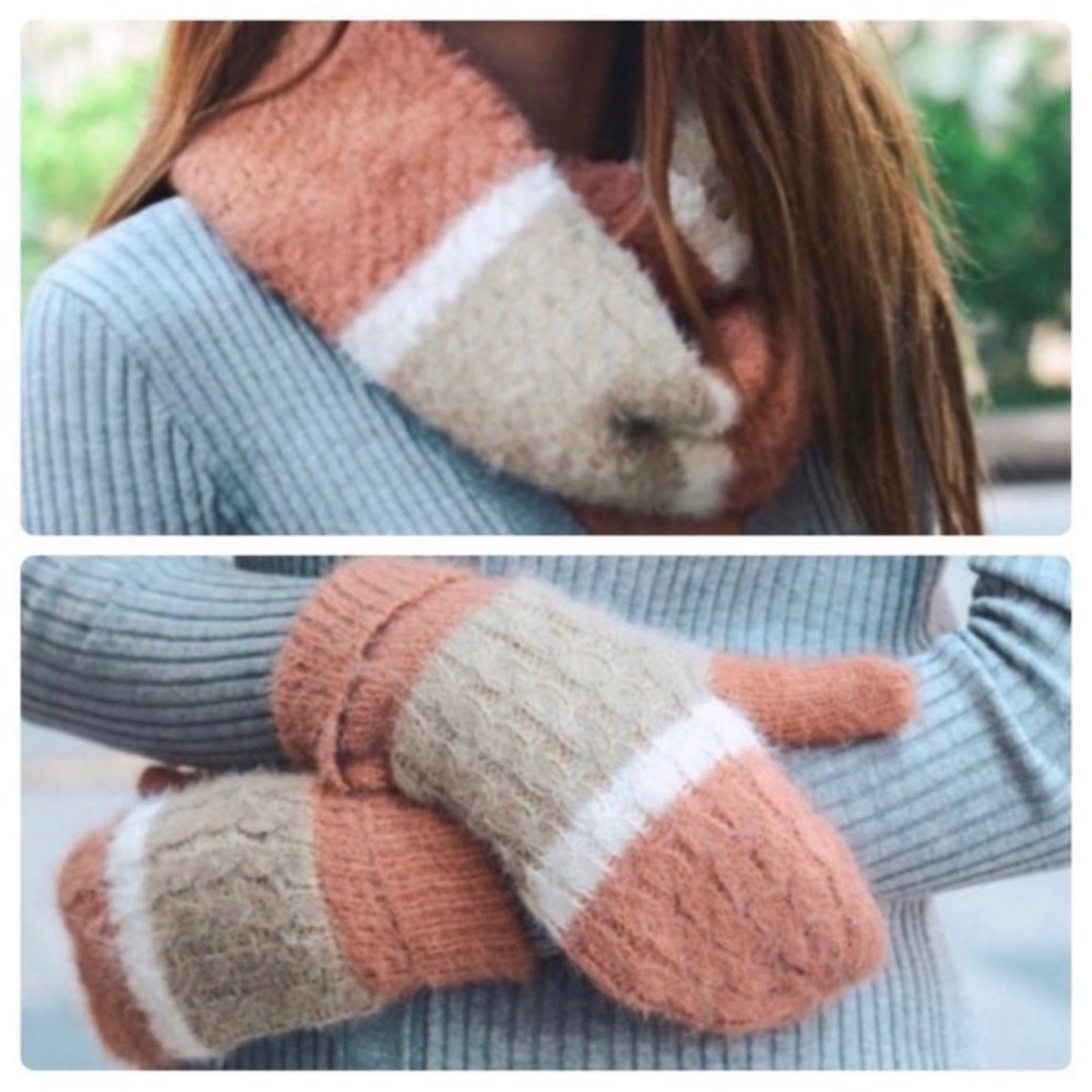 ❄️New❄️Ultra Soft Mohair Fuzzy Fall Winter Scarf And Mitten Set